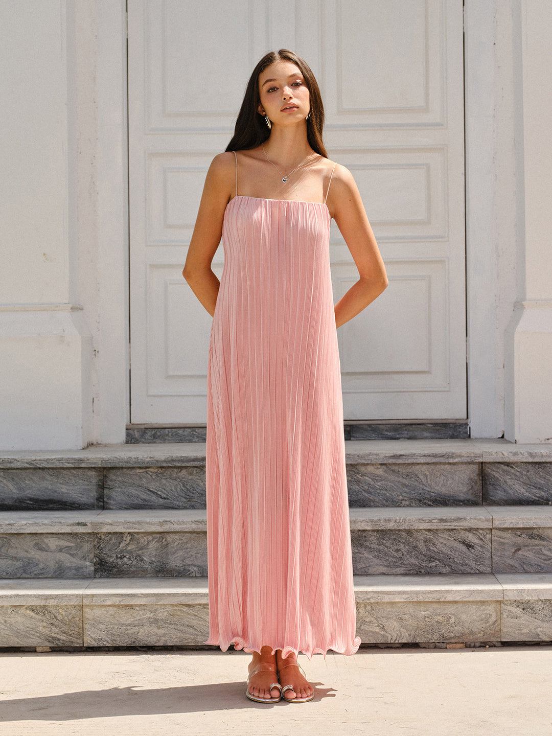 Spaghetti-Strapped Vertical-Pleated Maxi Dress