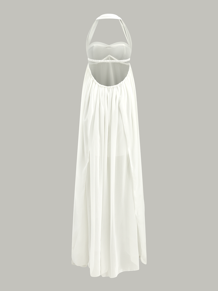 Semi-Sheer Halter Ruffle Backless Maxi Dress