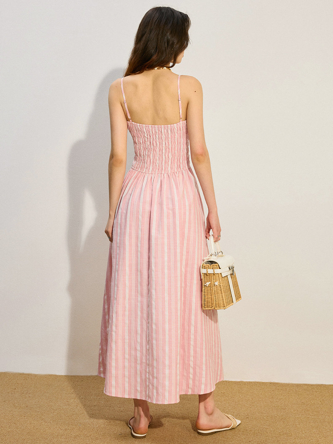 Pocketed Striped Shirred Maxi Dress