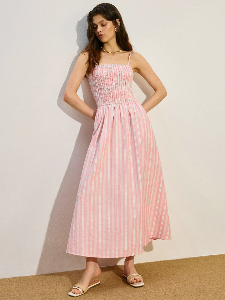Pocketed Striped Shirred Maxi Dress