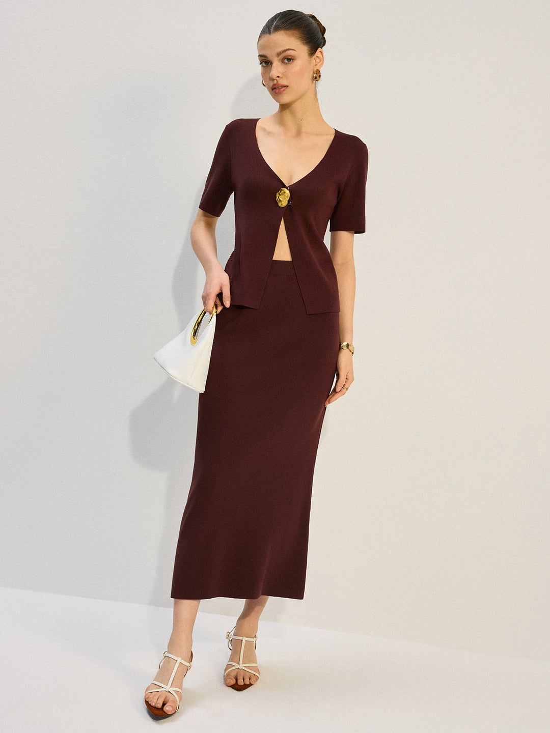 Metal Decor V-Neck Knit Co-ords Set