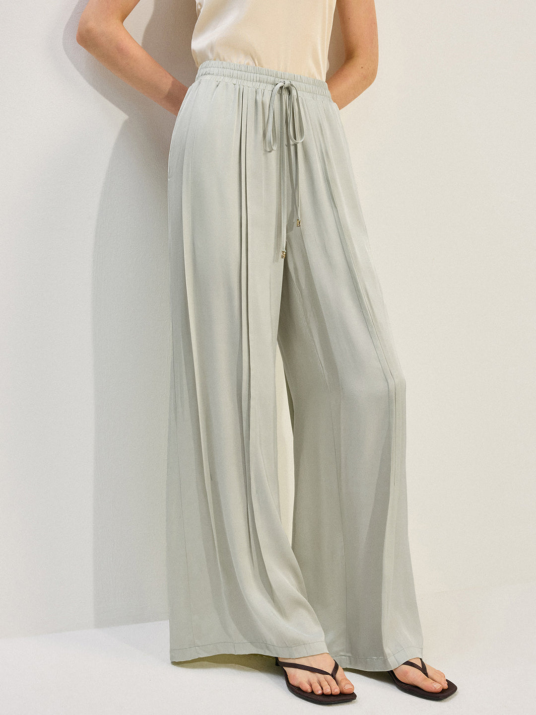 Tencel Rayon Satin Wide-Leg Pants with Pleats