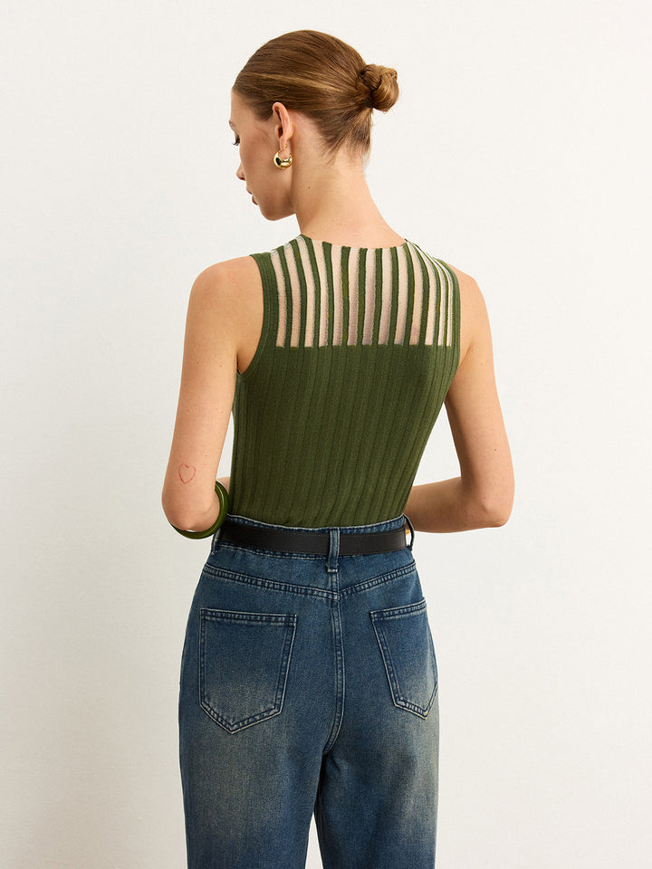 Sleeveless Top with Striped Sheer Detail