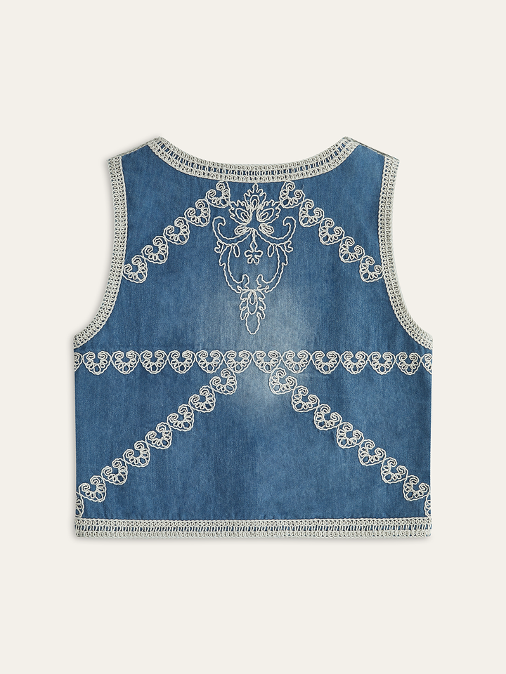 Embroidered Denim Button Vest