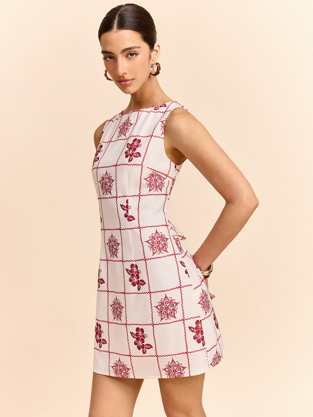 Grid and Floral Print Mini Dress