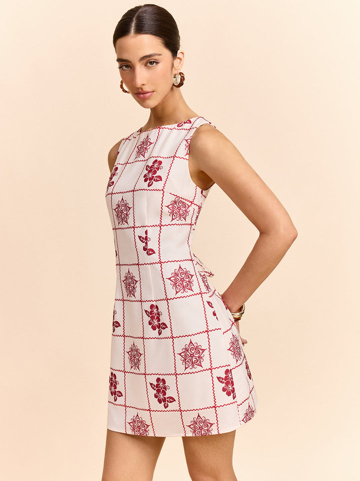Grid and Floral Print Mini Dress
