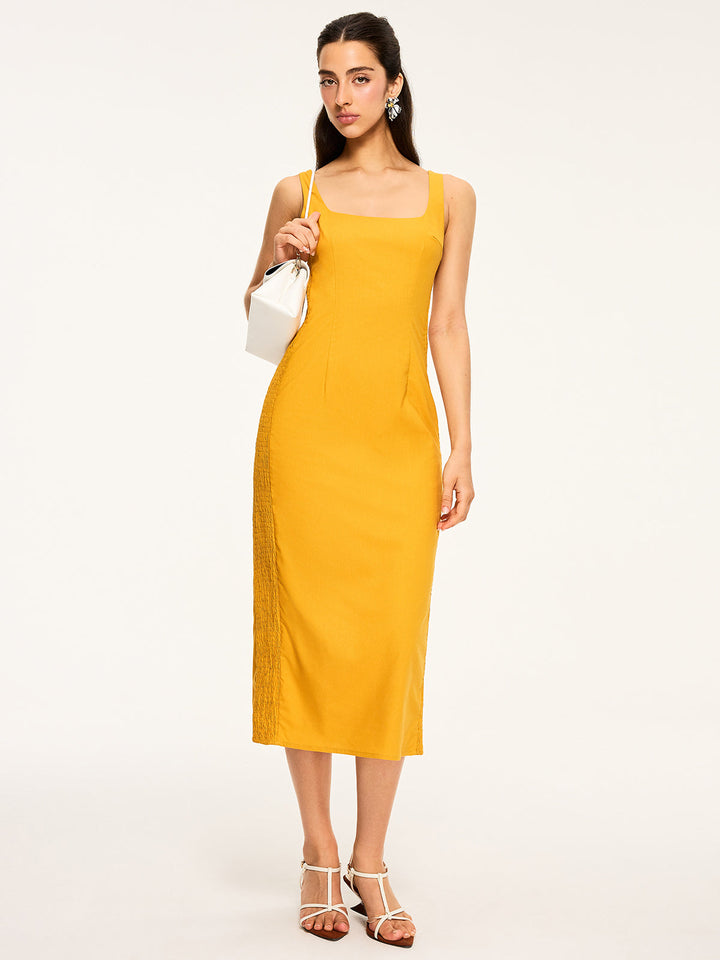 Cotton & Linen Shirred Midi Dress