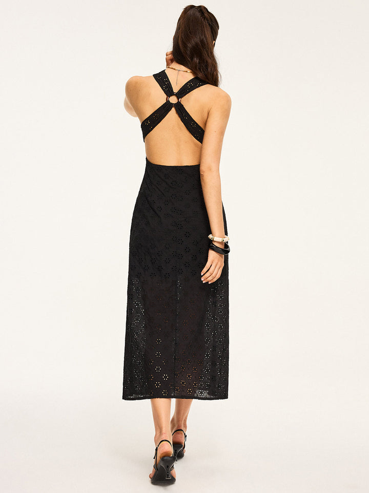 Semi-Sheer Eyelet Backless Criss-Cross Midi Dress
