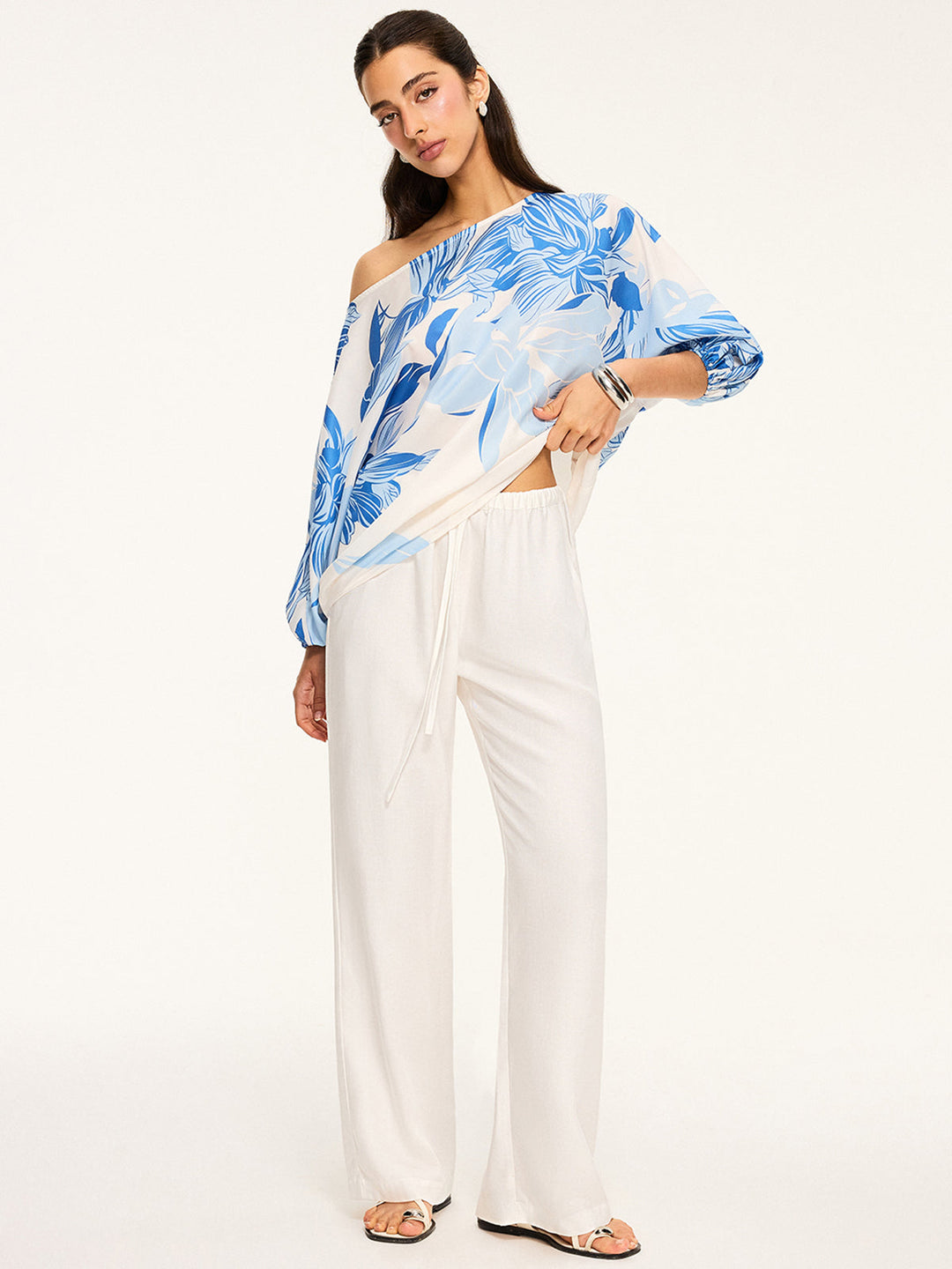 Semi-Sheer Off-Shoulder Floral Print Blouse