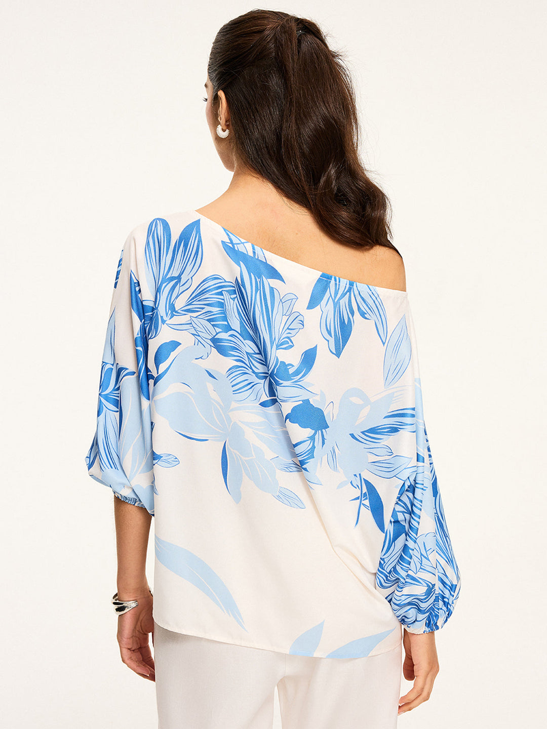 Semi-Sheer Off-Shoulder Floral Print Blouse