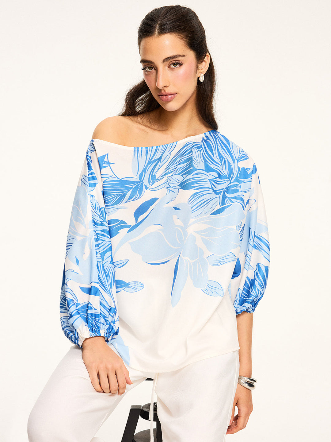 Semi-Sheer Off-Shoulder Floral Print Blouse