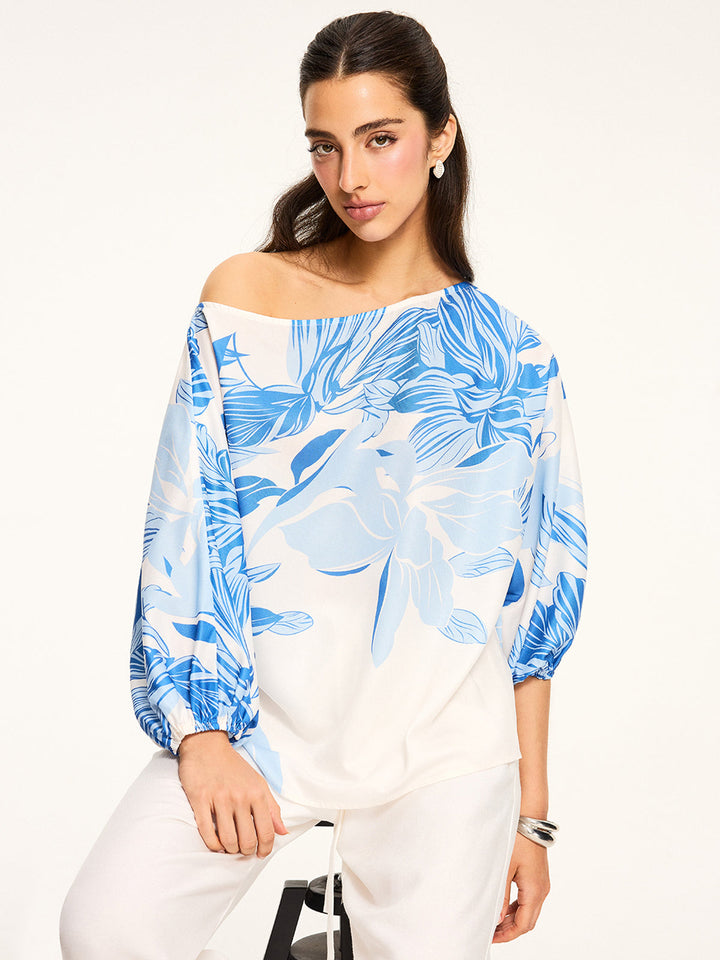 Semi-Sheer Off-Shoulder Floral Print Blouse