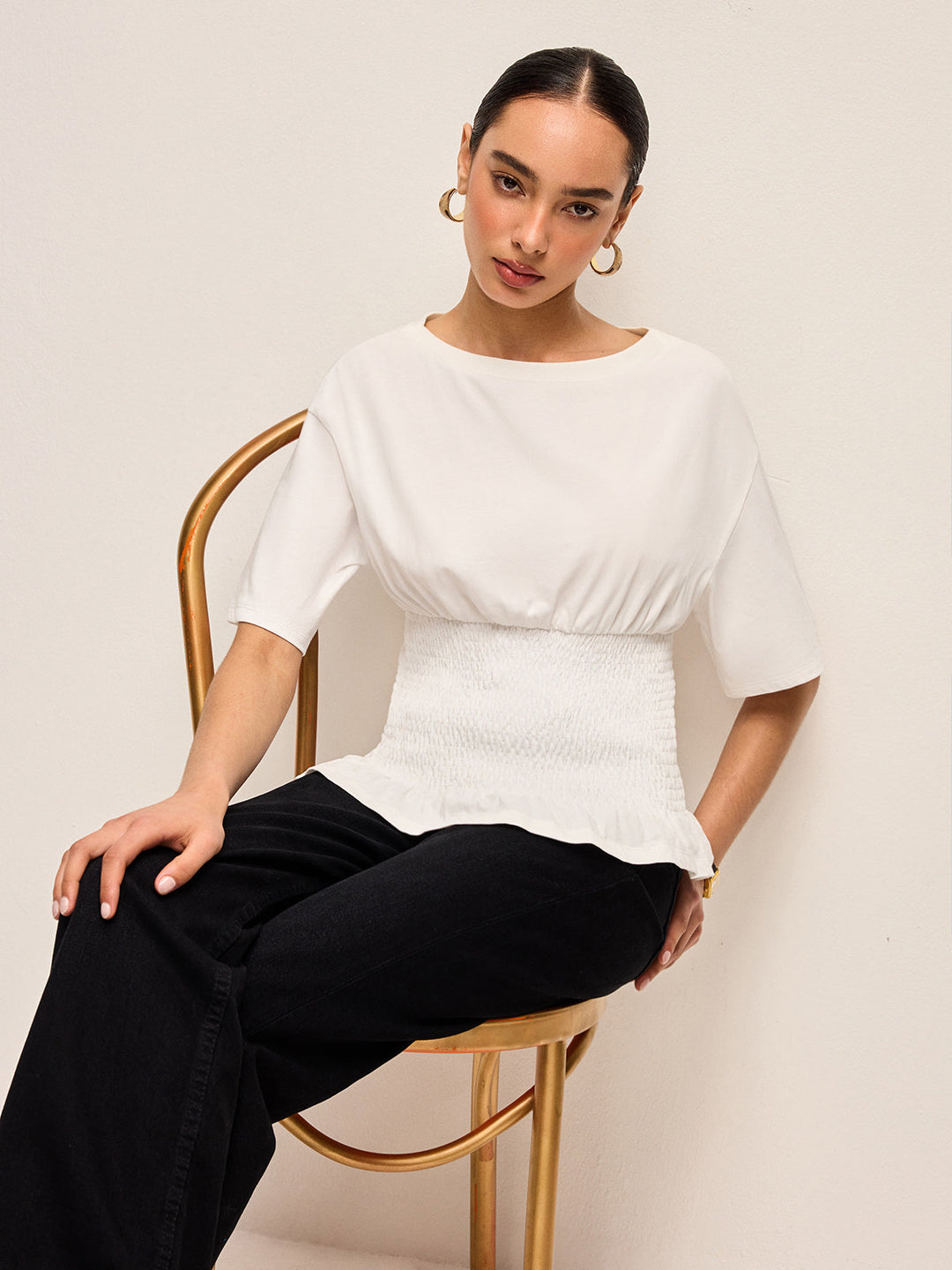 Cotton Smocked Waist Ruffle Hem Top