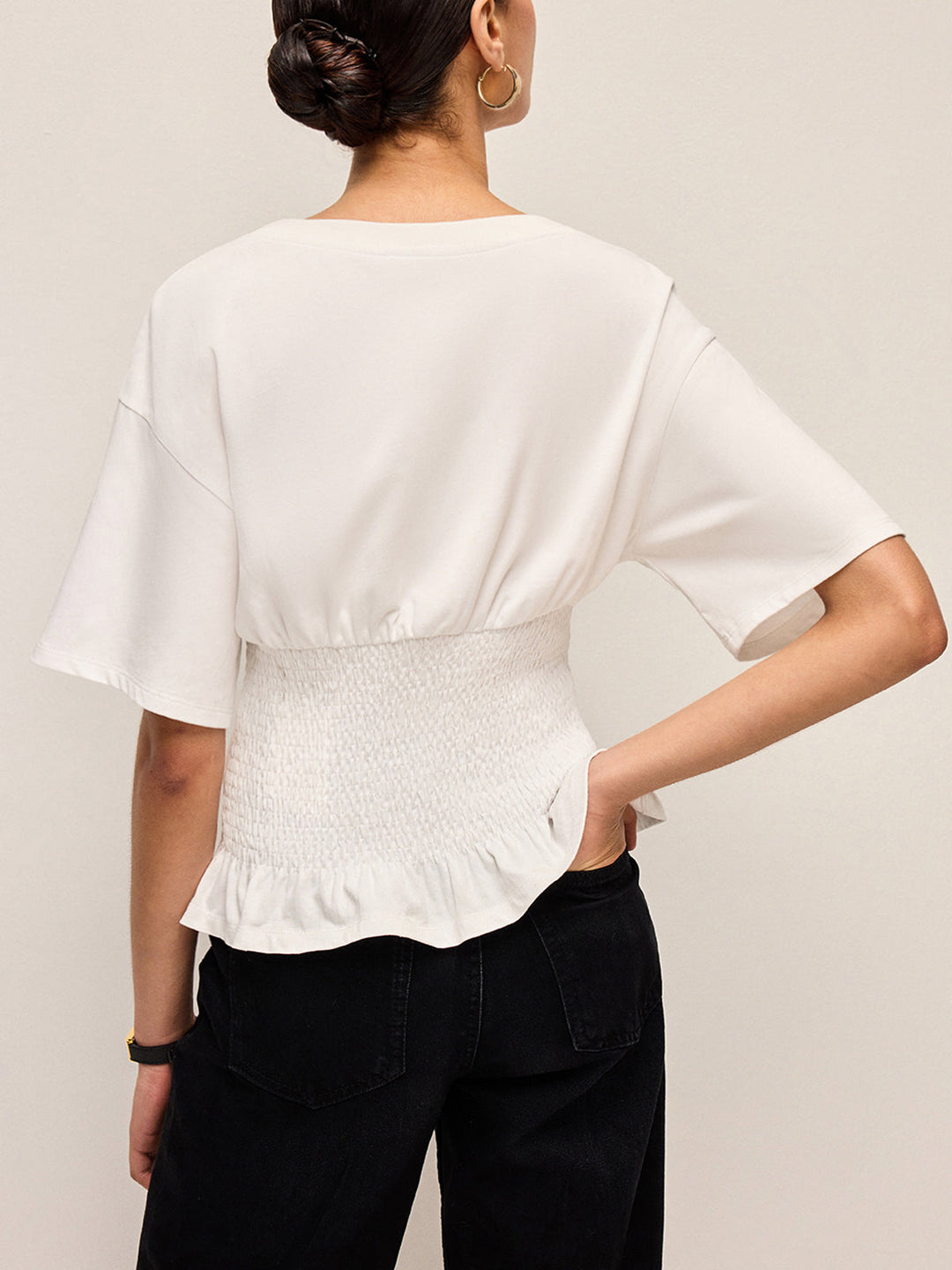 Cotton Smocked Waist Ruffle Hem Top