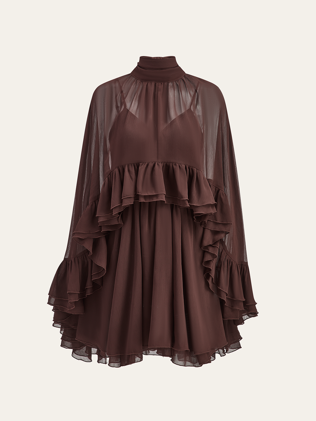 Semi-Sheer Chiffon Ruffle Dress With Outer Cape