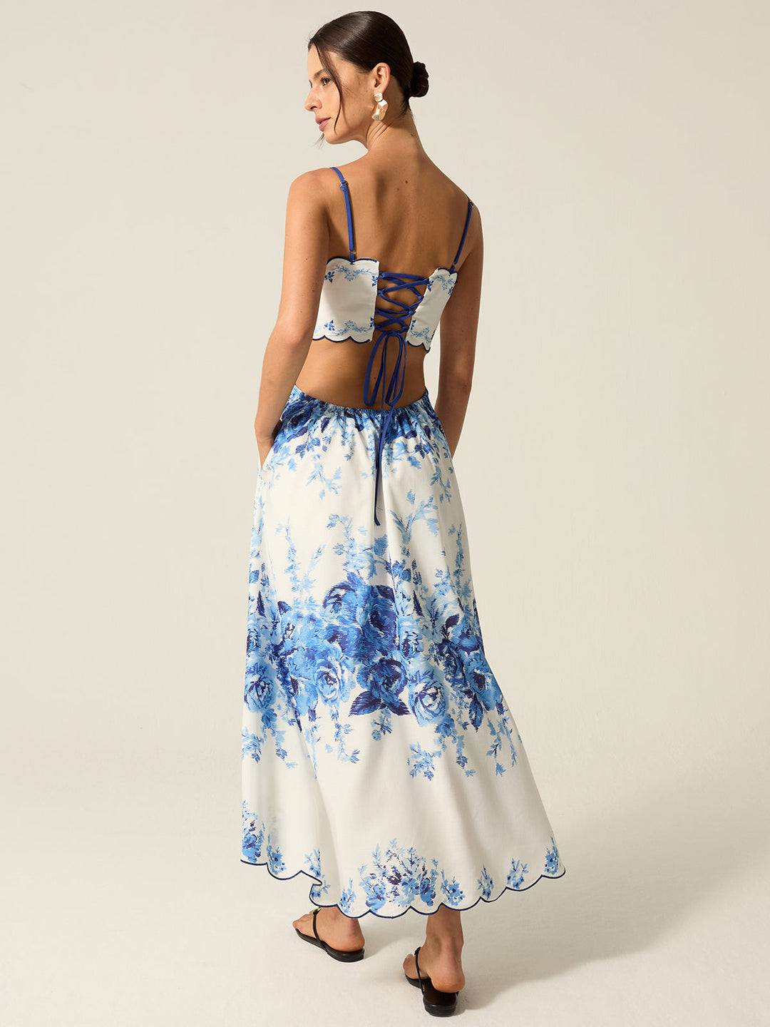 Pocketed Floral Print Cut-Out Maxi Dress