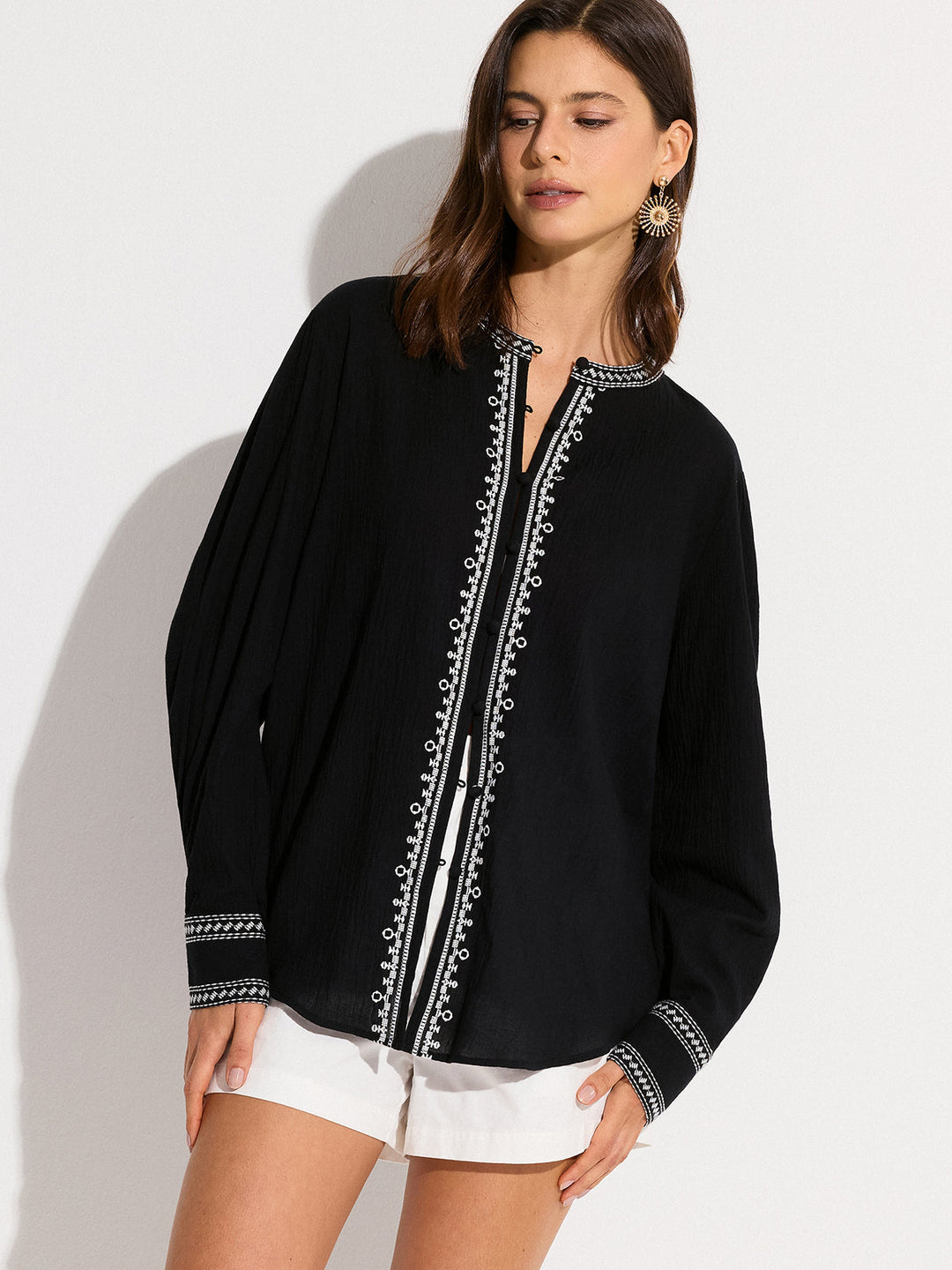 Oversized  Embroidered Trim Shirt