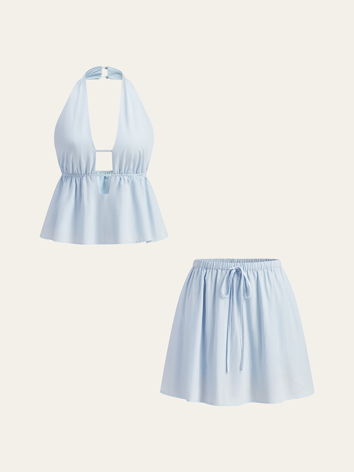 Halter Neck Top and Drawstring Skirt Set