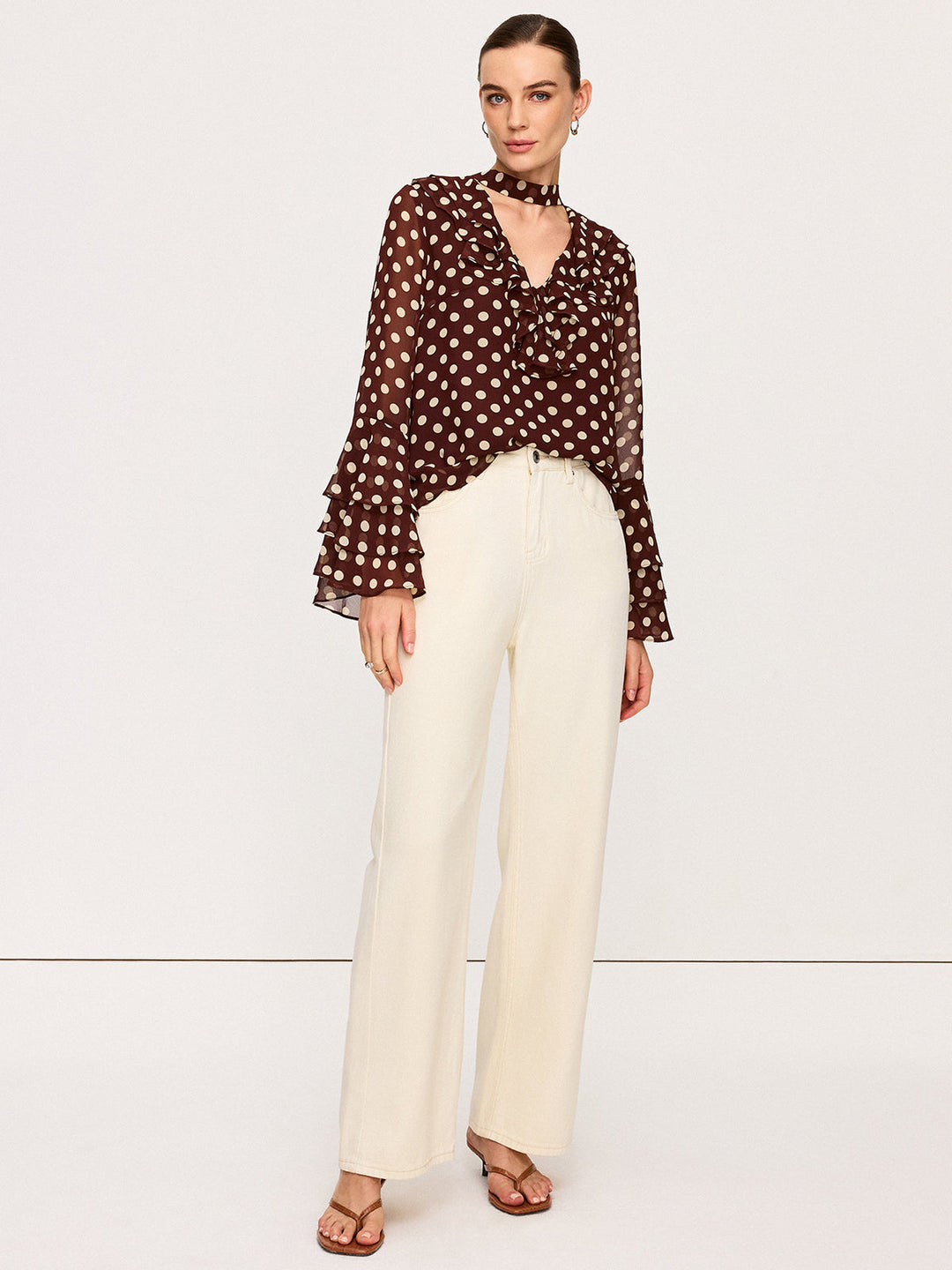 Semi-Sheer Polka Dot Bell-Sleeve Chiffon Blouse