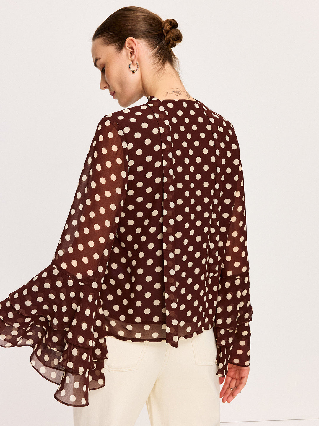 Semi-Sheer Polka Dot Bell-Sleeve Chiffon Blouse