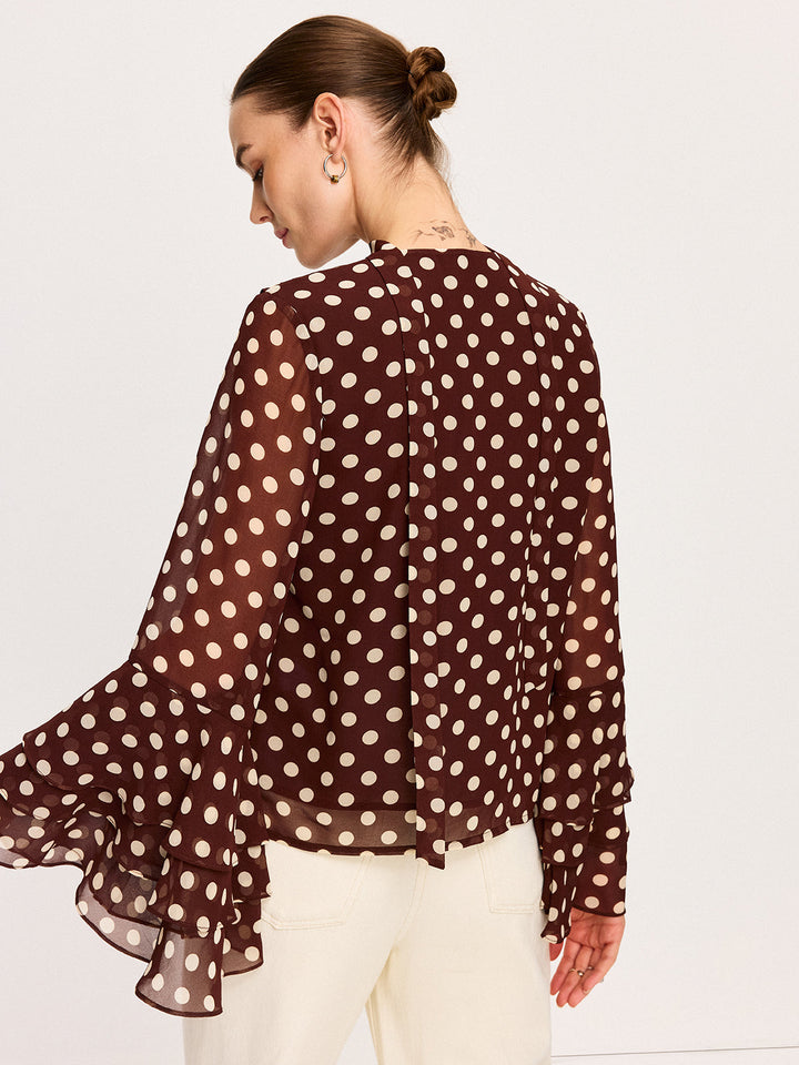 Semi-Sheer Polka Dot Bell-Sleeve Chiffon Blouse