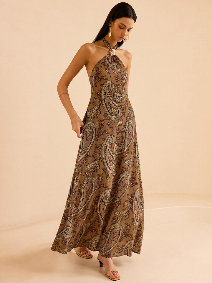 Paisley Print Halter Backless Maxi Dress