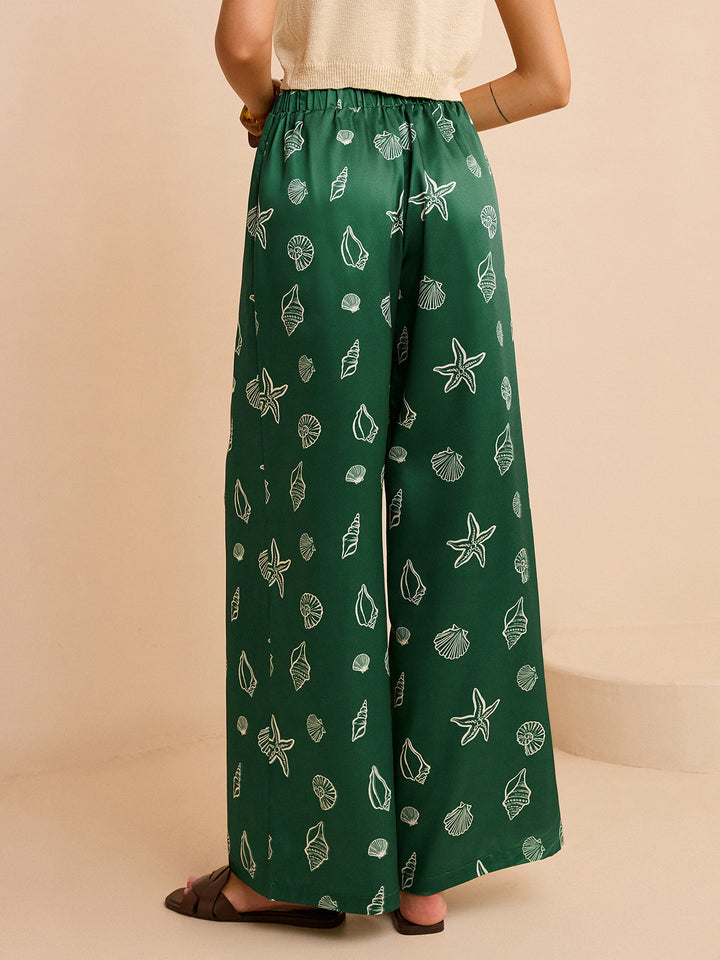 Oversized Mid-Waist Pants with Seashell and Starfish Prints