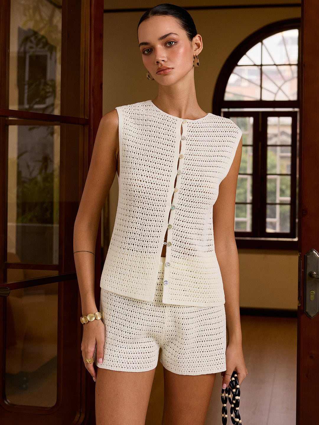 Semi-Sheer Crochet Knit Button-Front Vest