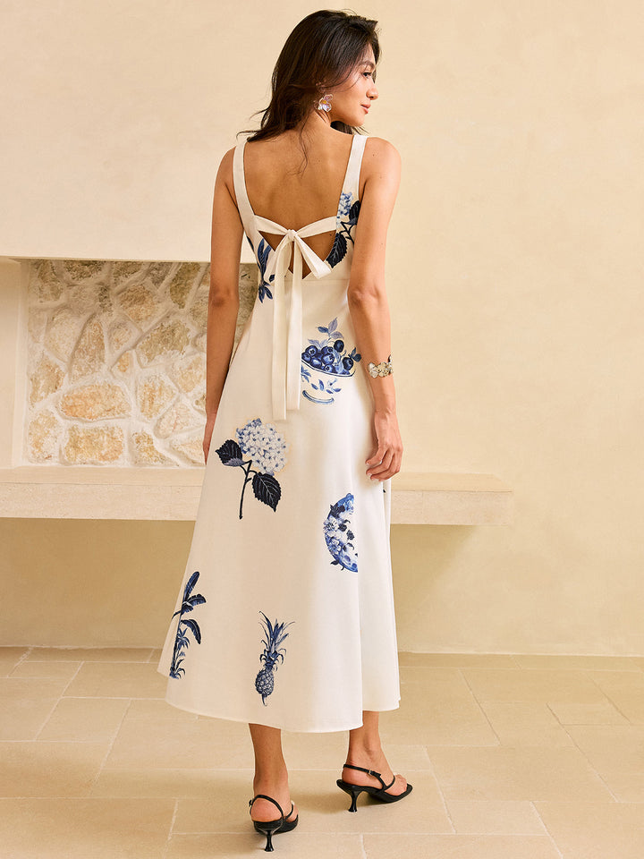 Tropical Print Square Neck Midi Dress