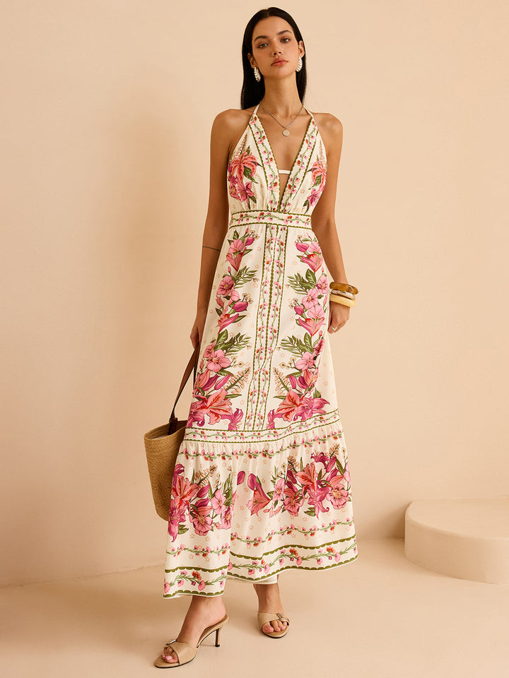Floral Print Halter Backless Maxi Dress