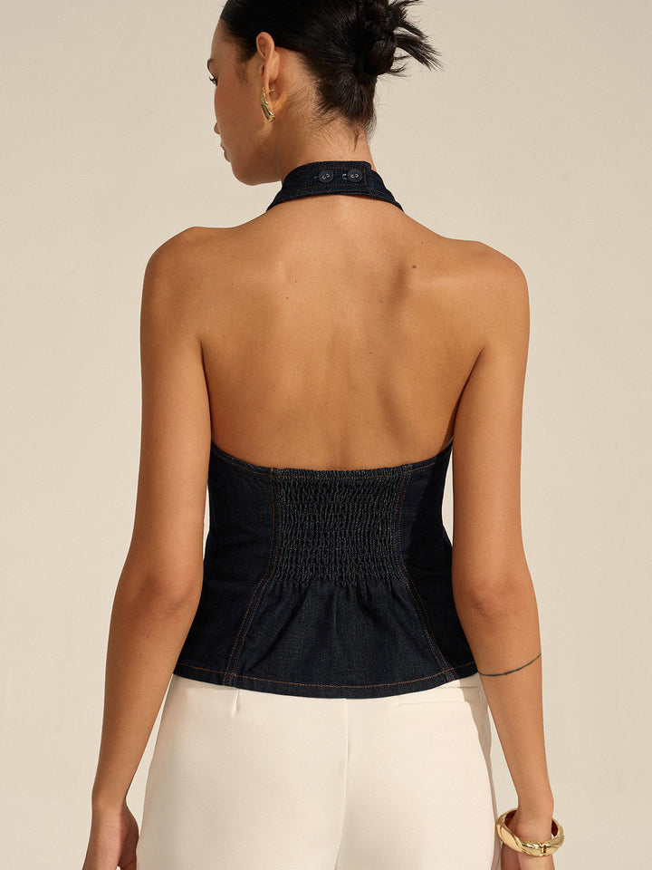 Denim Halter Crisscross Backless Top