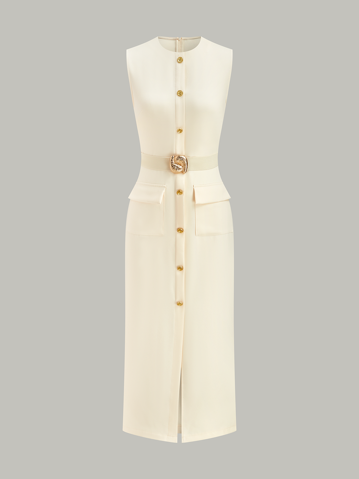 Button-Front Belted Maxi Dress