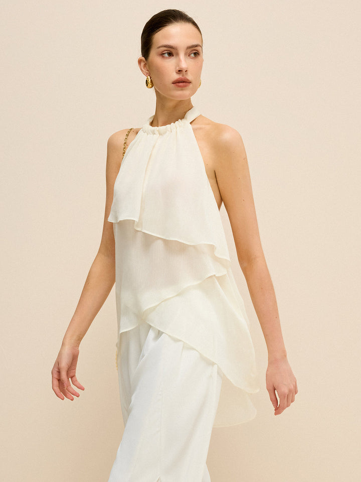 Semi-Sheer Layered Asymmetric Halter Chiffon Top