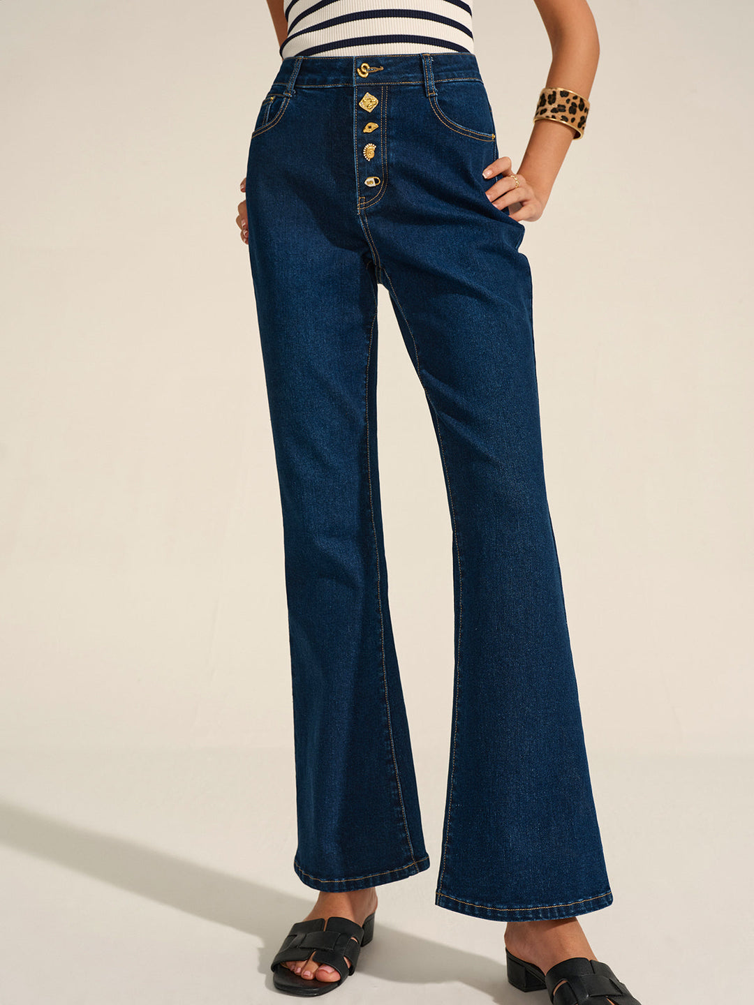 Denim Metal Decor Flared Pants