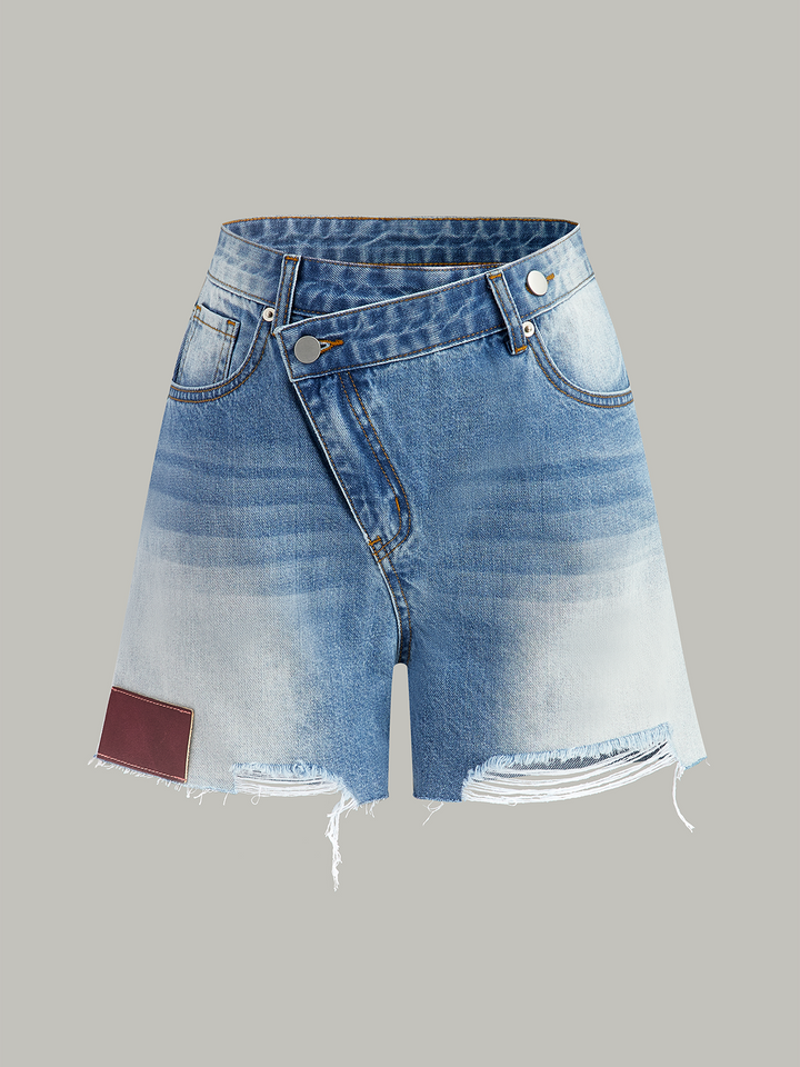 Asymmetric-Waist Distressed Denim Shorts