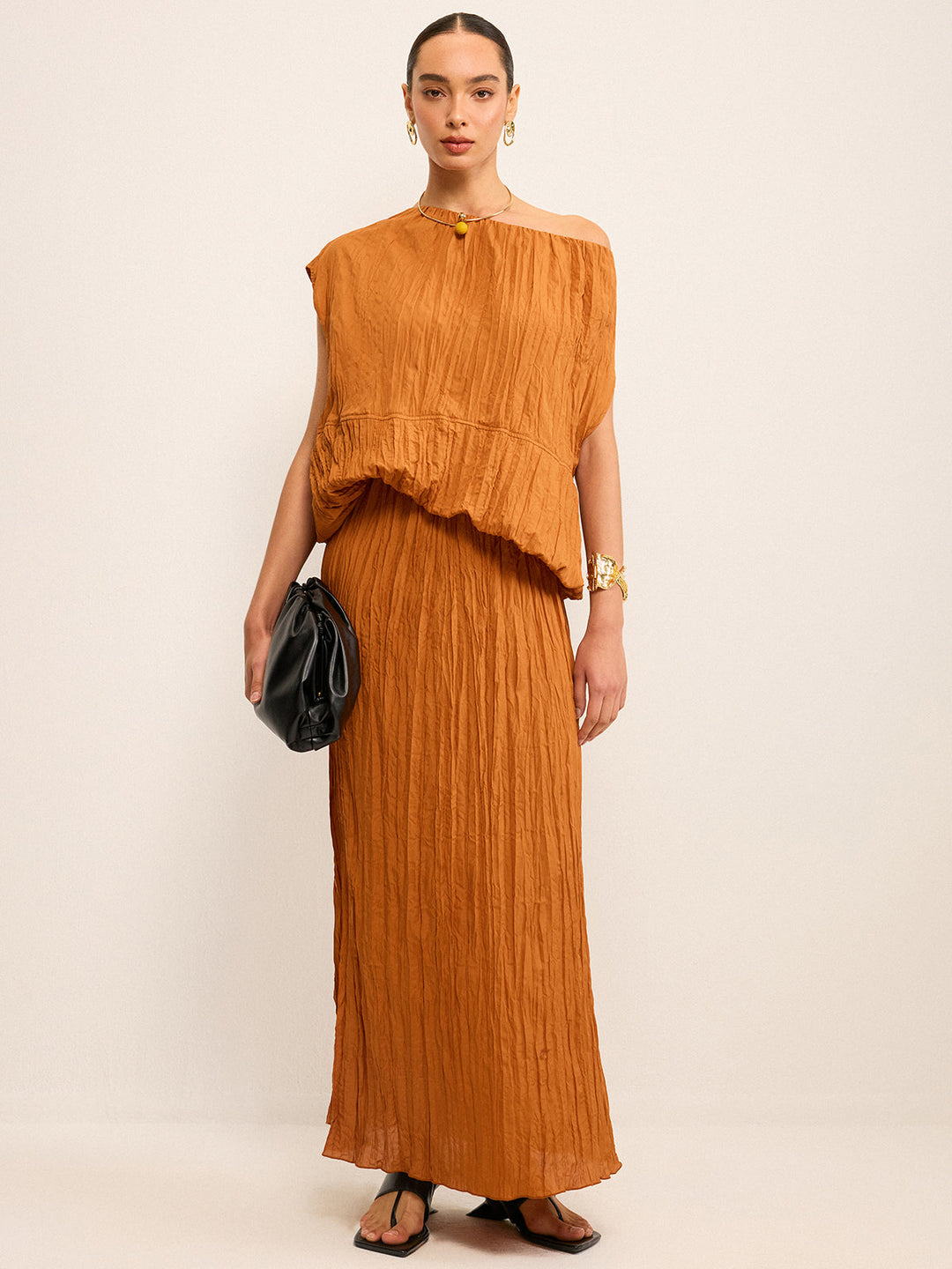 Oversized Textured Off-Shoulder Top and Maxi Skirt Set