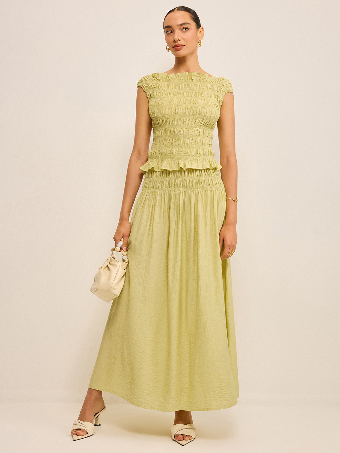Reversible Pleated Linen Top with Ruffled Neckline