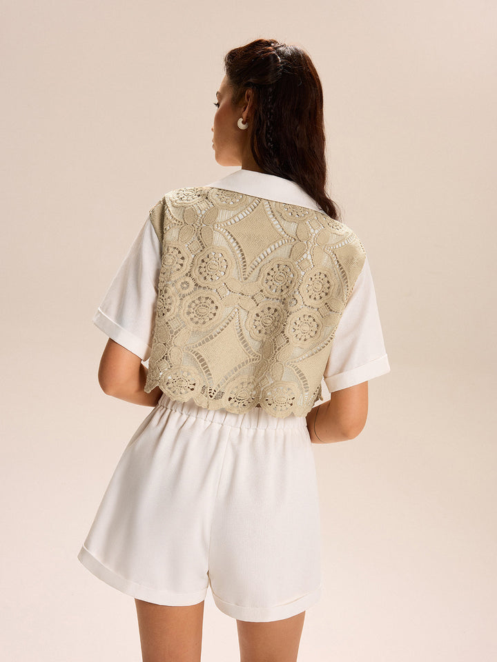 Lace-paneled Cropped Shirt Shorts Set