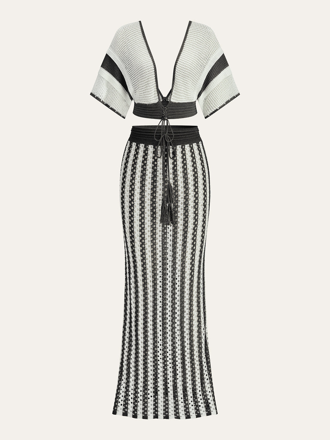 Crochet Stripe Skirt Set With Tassel Tie Waist