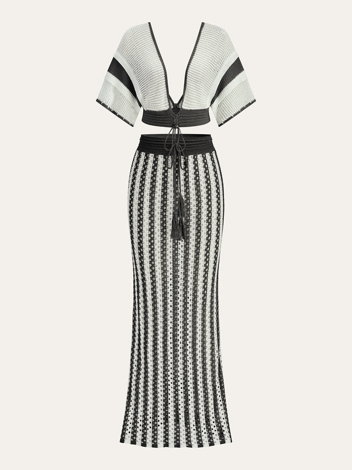 Crochet Stripe Skirt Set With Tassel Tie Waist