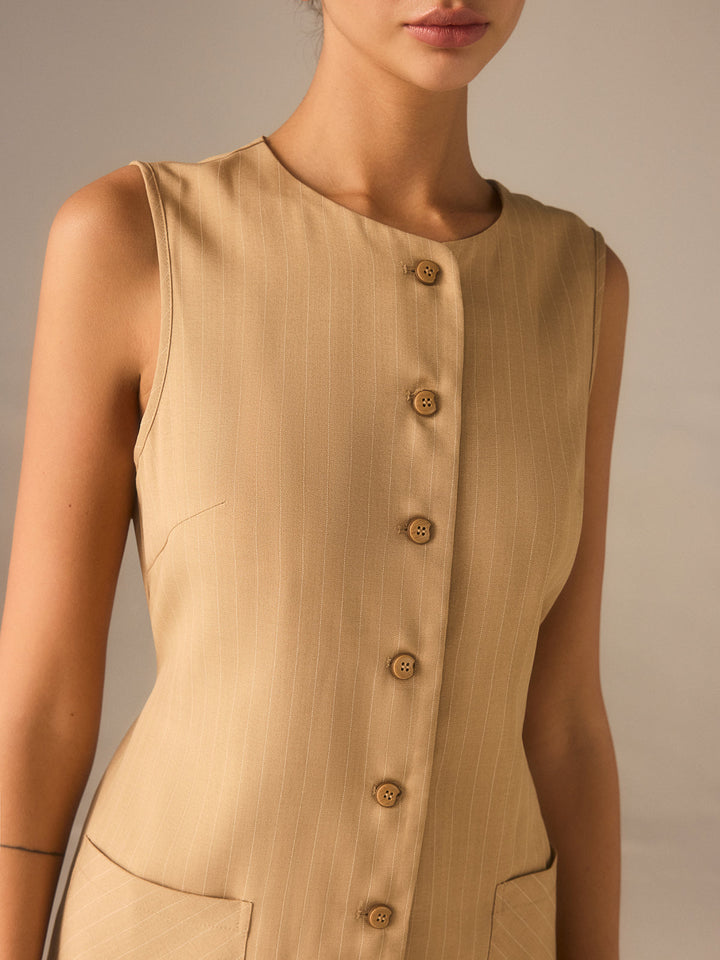 Cotton Blend Buttoned Dress with Pockets and Ties