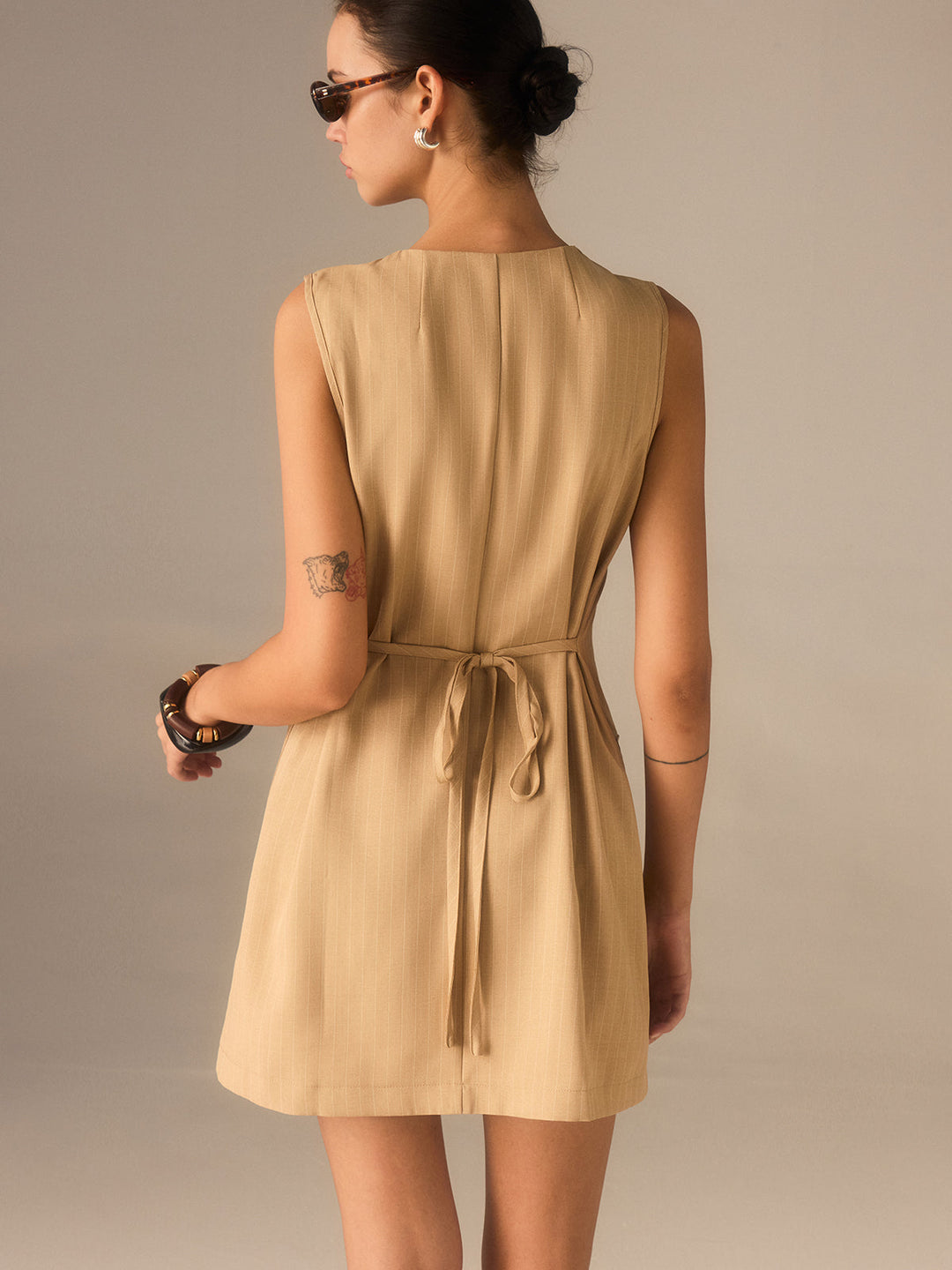 Cotton Blend Buttoned Dress with Pockets and Ties