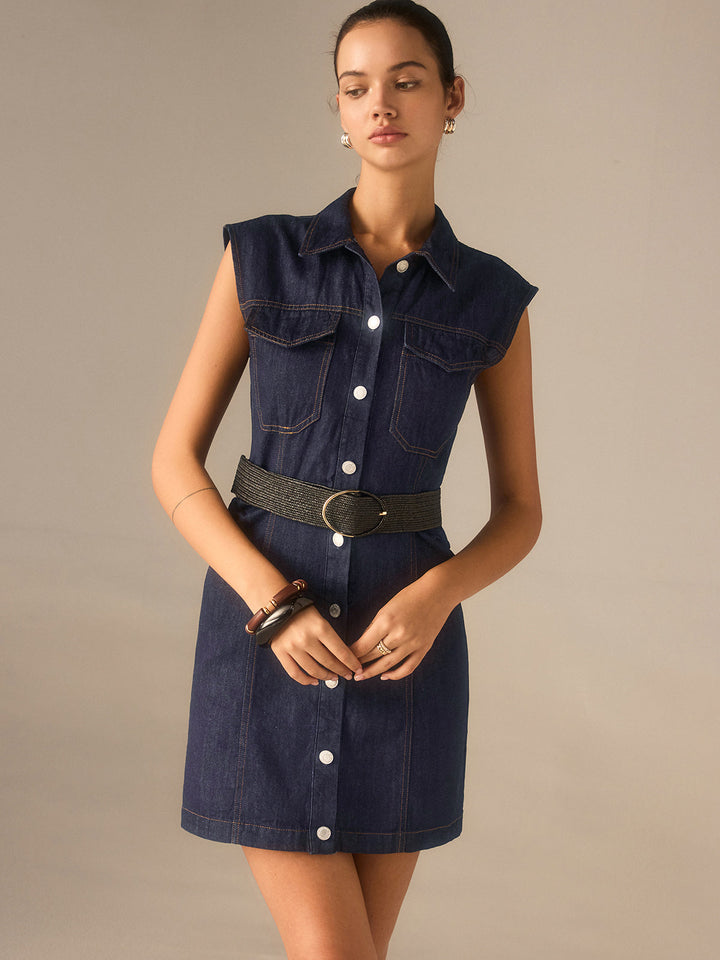 Denim Button-Front Collared Sleeveless Dress Without Belted