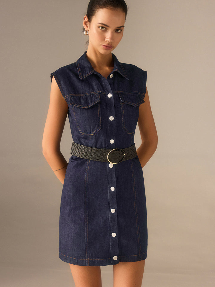 Denim Button-Front Collared Sleeveless Dress Without Belted