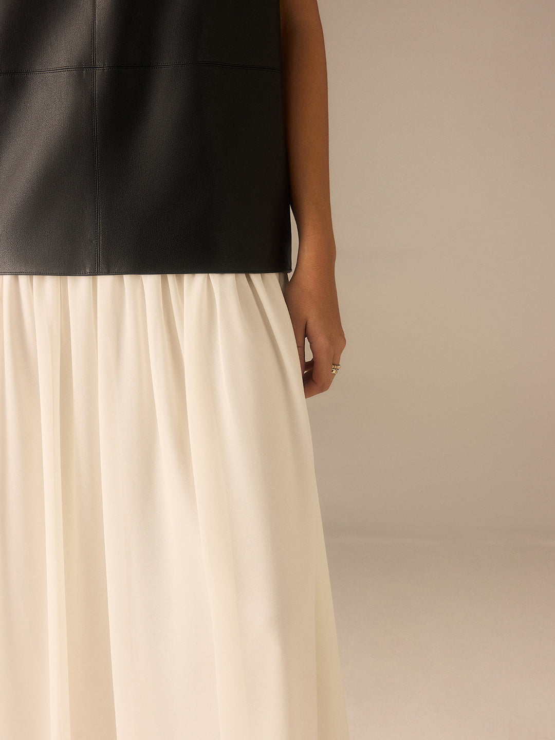 Two-Tone Faux Leather Chiffon Pleated Dress