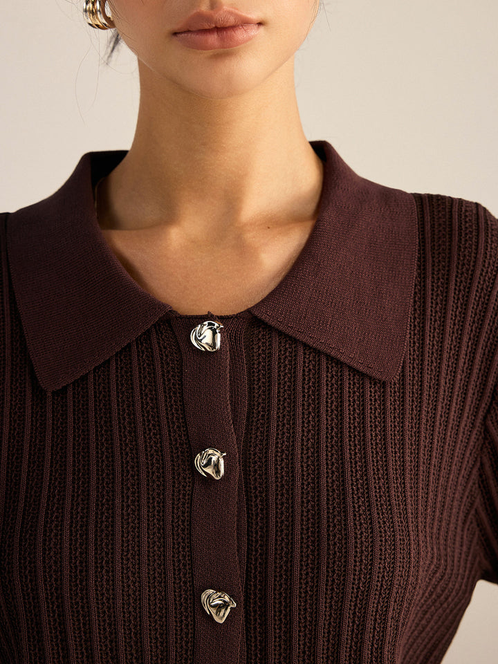 Ribbed Knit Polo-Collar Cardigan