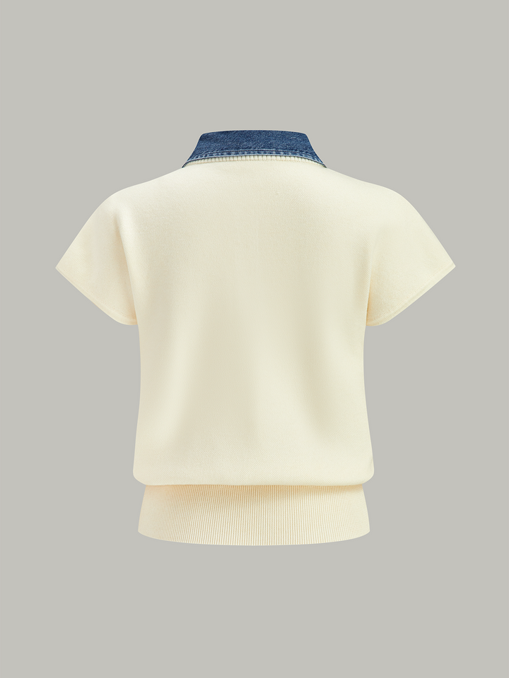 Denim Collar Cinched Knit Top