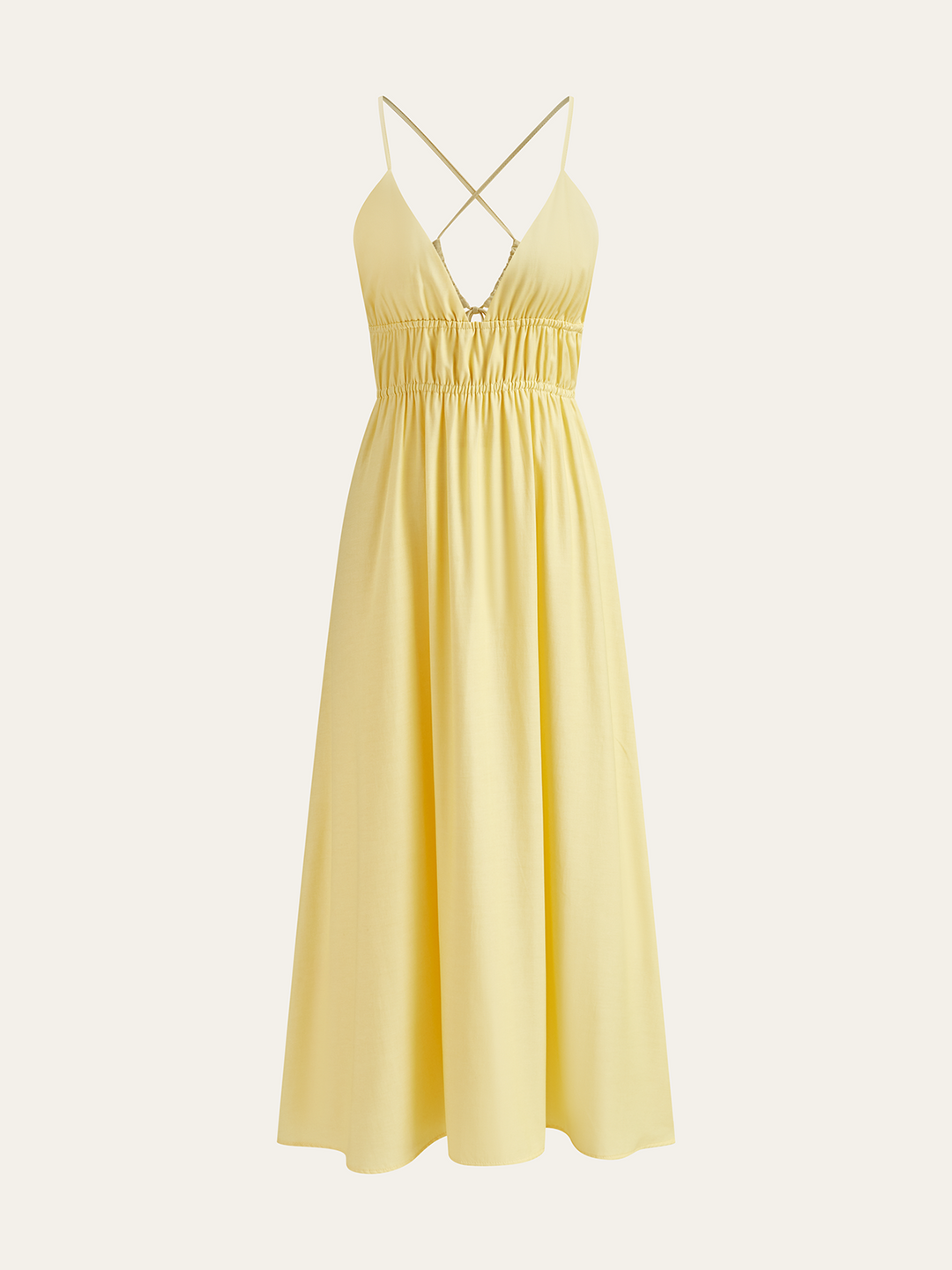 Spaghetti Strap Maxi Dress with Ruched Waist and Crisscross Back