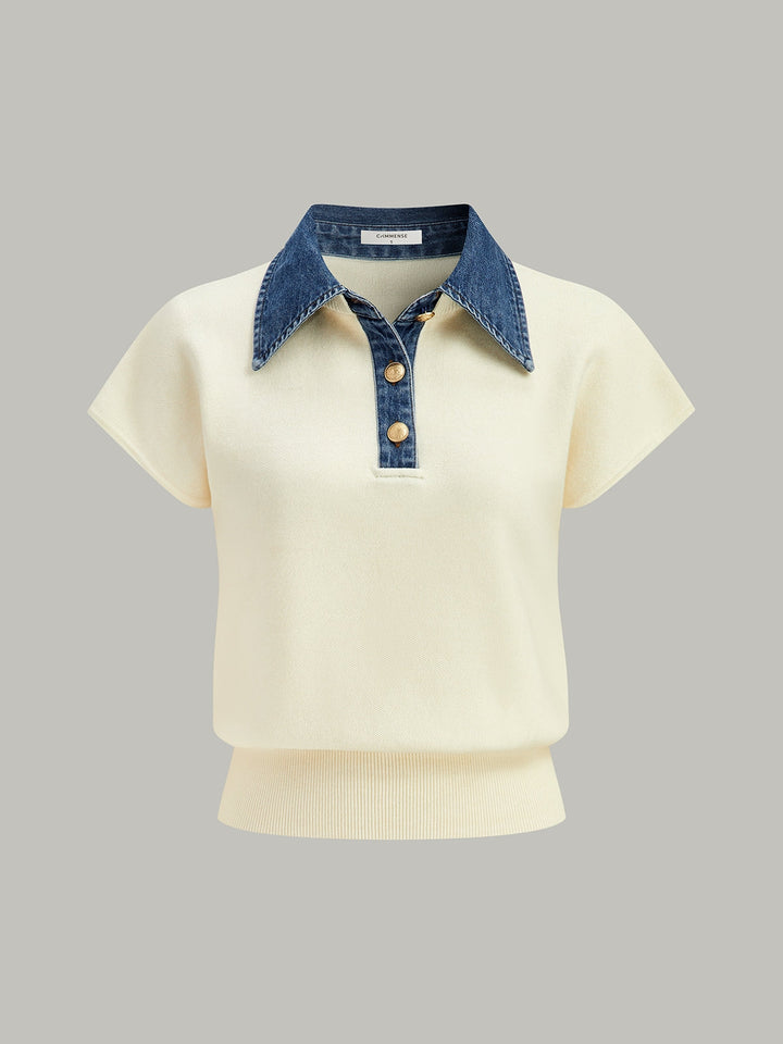 Denim Collar Cinched Knit Top