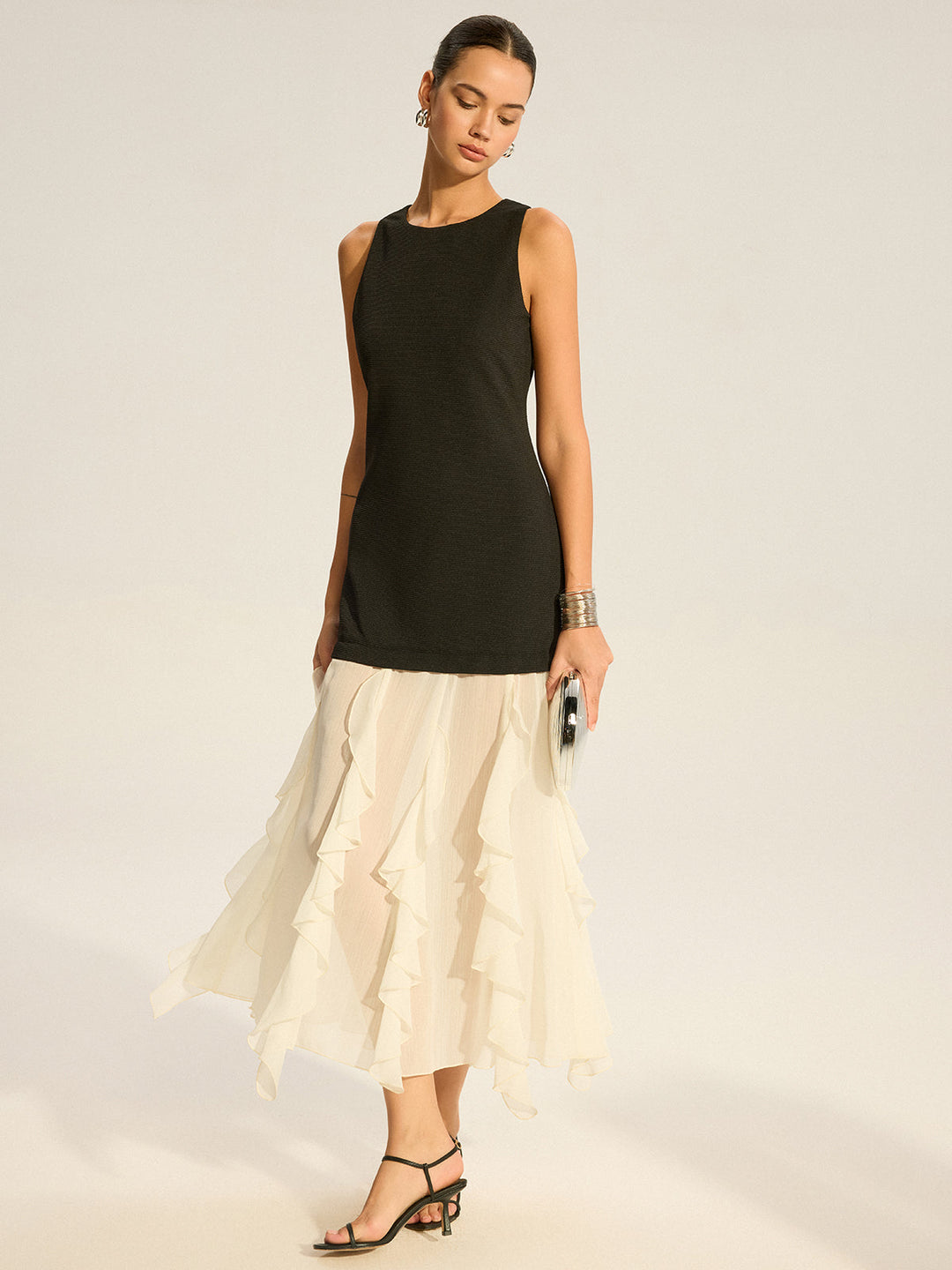 2 in 1 Semi-Sheer Ruffled Hem Maxi Dress